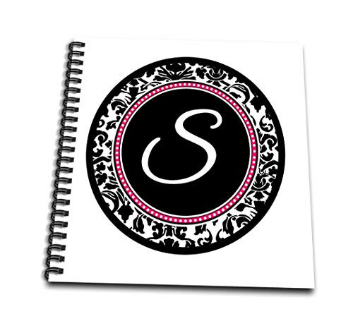 3dRose db_154611_2 Letter S Stylish Monogrammed Circle Girly Personal Initial Personalized Black Damask with Hot Pink Memory Book, 12" x 12"