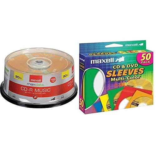 Maxell 625335 High-Sensitivity Recording Layer Recordable CD (Audio Only) 700mb/80 min  and  190134 CD  and  DVD Paper Storage Envelope Sleeves with Clear Plastic Windows Multi-Color 50 Pack (Paper)