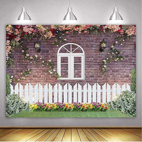 Sakurar Spring Garden Flowers Backdrop Brick Wall White Fence Window Grass Backdrops for Newborn Baby Spring Theme Photography Background 7x5ft