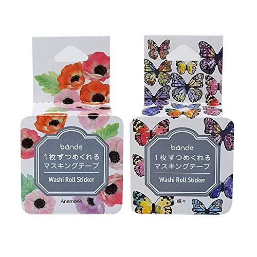 Bande Washi roll Stickers (Set of 2) - Flower Anemone  and  Butterfly - for Scrapbooking Art Craft DIY