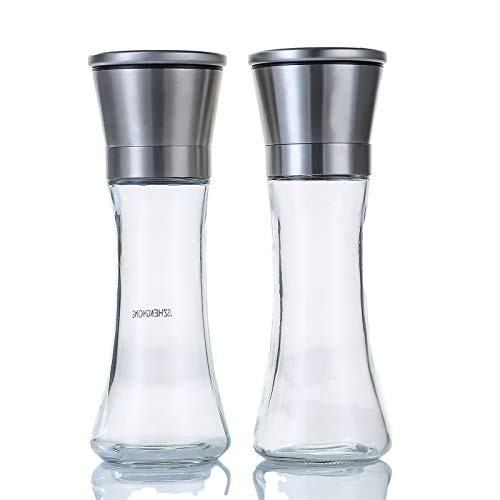 Stainless Steel Salt and Pepper Grinder Set of 2, Adjustable Ceramic Sea Salt Grinder  and  Pepper Grinder, Tall Glass Salt and Pepper Shakers , Pepper Mill  and  Salt Mill