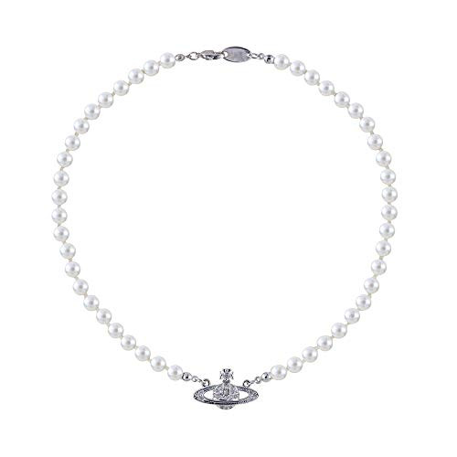 N-A Vivienne Westwood Golden Silver Saturn Pearl Necklace Diamond Necklace Pearl Bead Necklaces Crystal Rhinestone Saturn Planet Necklace for Women and Girls