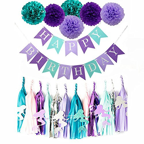 Mermaid Party Decorations /Under the Sea Party Teal Lavender Purple Tissue Paper Pom Pom Teal Purple Happy Birthday Banner Tassel Garland for Birthday Decor Baby Shower Decor Frozen Party Supplies
