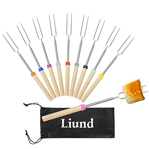 Liund Marshmallow Roasting Sticks, Smores Sticks for Fire Pit of Sturdy Stainless Steel, Wooden Handle 32 Inch Extendable Smores Skewers for BBQ, Campfire, Bonfire and fire Pit, Set of 10