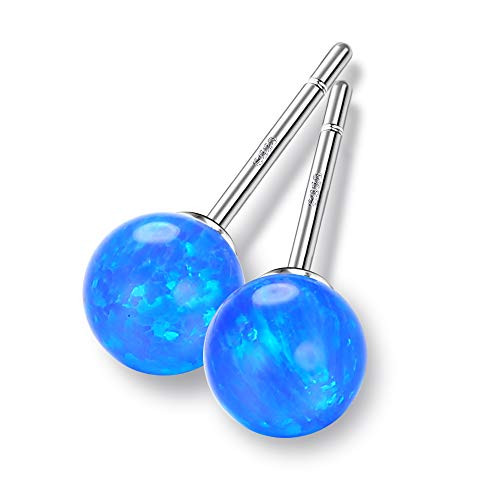Milacolato 925 Sterling Silver Opal Stud Earrings October Birthstone Minimalist Round Created White/Green/Blue Opal Ball Stud Earrings for Women 6MM, Blue Opal