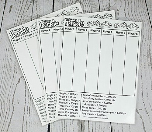 YARD FARKLE SCORE CARDS with Rules on the back- Laminated Farkle Score Card, Reusable Score Card, Size- 8.5" x 11" (THREE Farkle Score Cards)