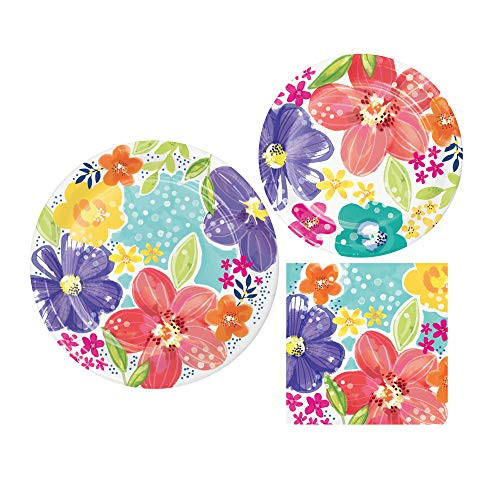 Spring Floral Themed Party Supplies for 8 People - Bundle Includes Paper Plates and Napkins - Brilliant Meadow Design