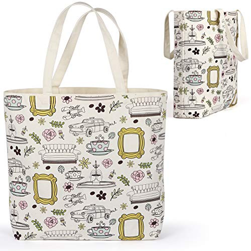 Brital Friends Grocery Tote Bag Yellow Frame Peephole Friends TV Show Merchandise Kitchen Grocery Reusable Bag Shopping Cotton Washable Tote Bags Beige
