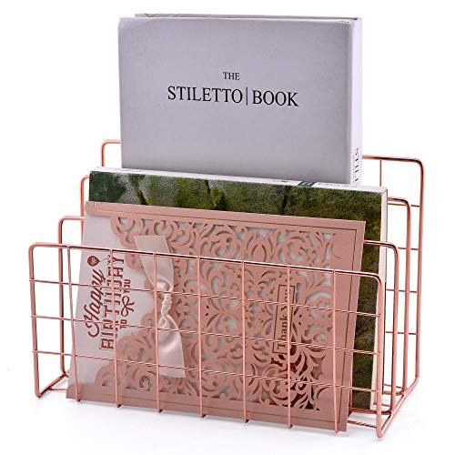 Febou Mail Organizer Desktop File Holder, 3 Slot Letter Mail Sorter Magazine Holder Rack, File Folders Paper Storage Organizer for Home Office Decoration, Rose Gold