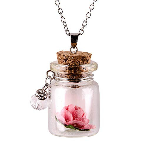 oufenli Glow in The Dark Flower Glass Tiny Wishing Bottle Vial Necklace Pendant Chain for Women- Personalized Beach Fresh Luminous Flower Gift Necklace Valentine's Day (Pink)