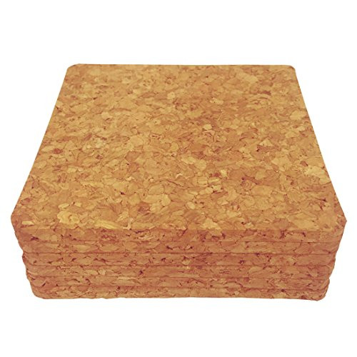 Cork Coaster Backing, Square Cork Drink Coasters 4" x 4", Pack of 6 from Laucork (6)