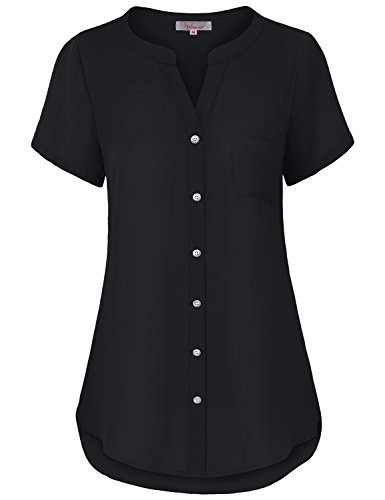 Misswor Button Up Shirt, Womens Split V-Neck Short Sleeve Tunic Top Button Down Round Hem Flattering Plain Casual Solid Chiffon Blouse for Work Office Wear Black M