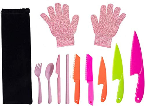 Fansisco 8 Pieces Kid Plastic Kitchen Knife Set Children's Safe Cooking Knives Set with Cut Resistant Gloves (Ages 6-12) Kids Safe Knife for Fruit, Bread, Cake, Lettuce, Salad (Pink)