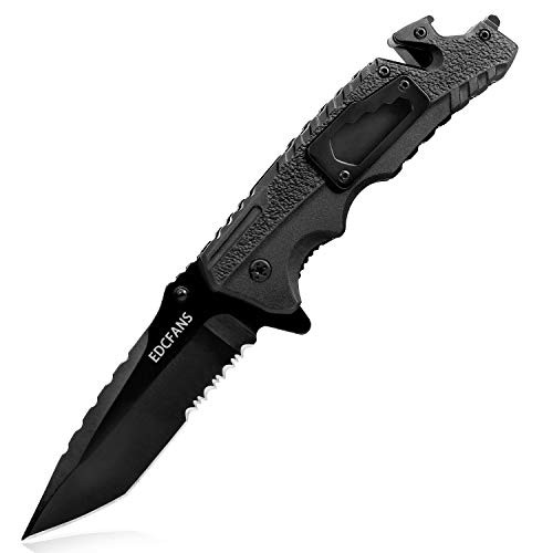 edcfans Folding Pocket Knife Tactical Knives with Serrated Blade, Clip, Bottle Opener, Glass Breaker, Seatbelt Cutter, Wrench, Sheath, EDC Camping knifes/8.5" Tanto Knife for Outdoor Survival Hunting