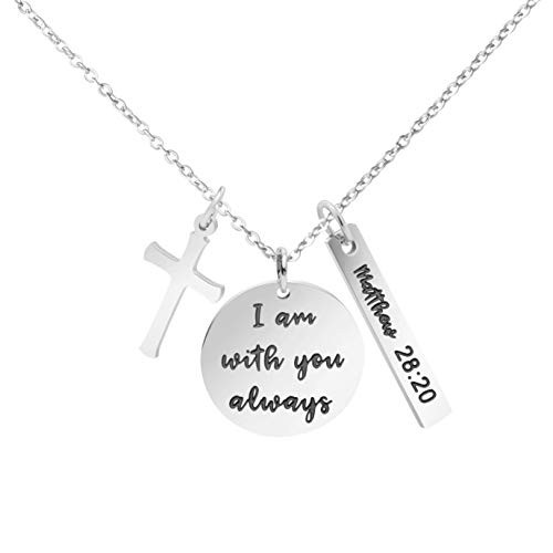 MEMGIFT Religious Bible Verse Necklace Stainless Steel Round Pendant Christian Jewelry I am with You Always