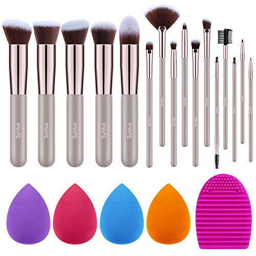 Syntus Makeup Brush Set 16 Makeup Brushes  and  4 Blender Sponges  and  1 Cleaning Pad Premium Synthetic Foundation Powder Kabuki Blush Concealer Eye Shadow Makeup Brush Kit, Champagne Gold