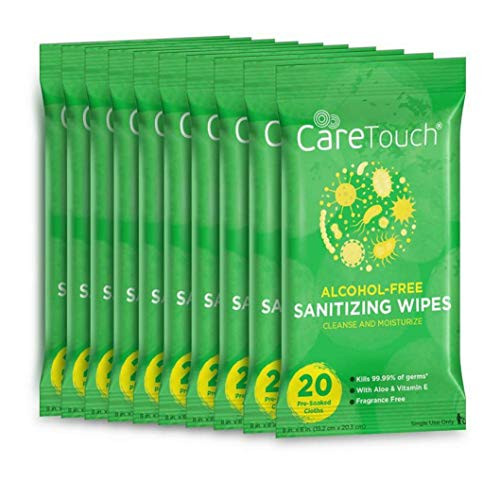 Care Touch Alcohol-Free Hand Sanitizing Wipes - 10 Pouches, 200 Wipes - Moisturizing Hand Wipes with Vitamin E and Aloe Vera - Great for Babies and Adults, Safe for All Skin Types
