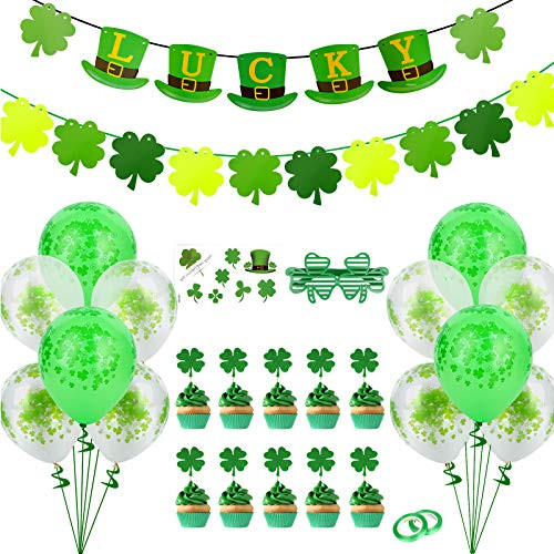 28 PCS St Patricks Day Decorations Felt Shamrock Clover Garland Lucky Burlap Banner Balloons Cake Topper St. Patricks Day Party Decorations for Home Birthday Irish Party Supplies Decor