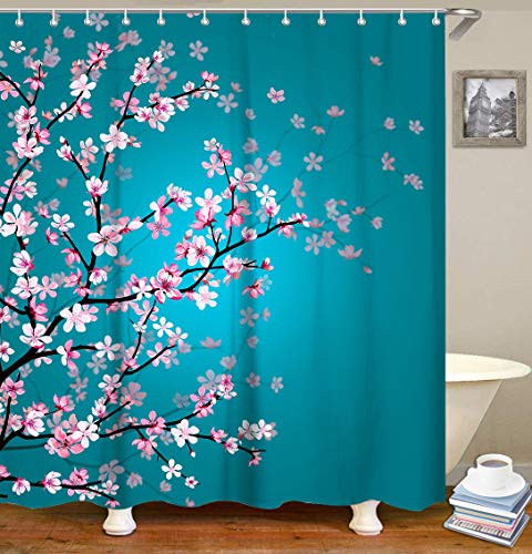 LIVILAN Floral Bathroom Curtain Cherry Blossom Shower Curtains Set with 12 Hooks Mildewproof Fabric Bath Curtain Bathroom Decor, 70.8" x 70.8", Turquoise