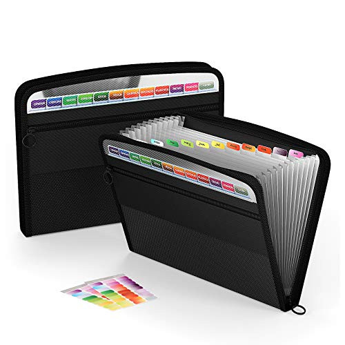 Expanding File Folder with Sticky Labels, 13 Pocket Accordion File Folder Document Organizer Expanding Zip File Folder with Zipper Closure?Letter A4 Paper Document Accordion Folder, Black(2 Pack)