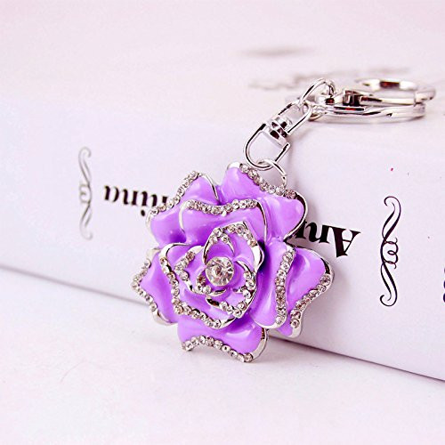 Reizteko Blossoming Rose Keychain Sparkling Flower Keyring Crystal Rhinestones Purse Pendant Handbag Charm (Purple)