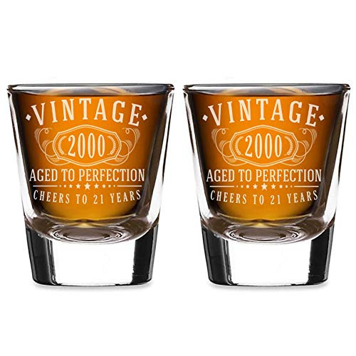 2pk Vintage 2000 Etched 2oz Shot Glasses - 21st Birthday Aged to Perfection - 21 years old gifts