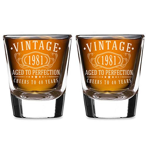 2pk Vintage 1981 Etched 2oz Shot Glasses - 40th Birthday Aged to Perfection - 40 years old gifts