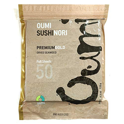 Oumi Sushi Nori Premium Gold Grade Dried Seaweed with Resealable Bag, Product of Korea (50 Full Sheet)