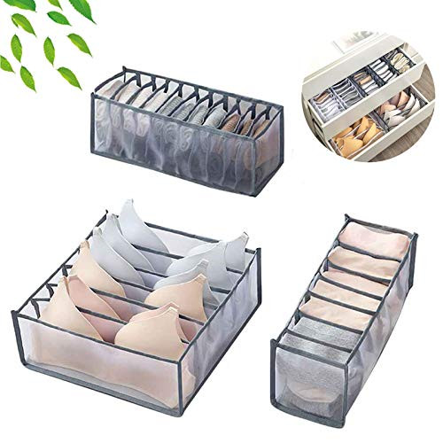 EddHomes Underwear Drawer Organizer Divider, Bra Drawer Organizer Divider Storage Foldable Bra Underwear Drawer Organizer Women for Underwear Bras Socks - (Grey/3 Set)