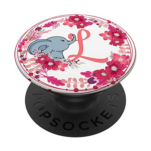 Letter L Initials Cute Elephant  and  Flowers Monogram PopSockets Grip and Stand for Phones and Tablets