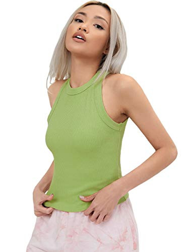Romwe Women's Ribbed Knit Sleeveless Round Neck Basic Crop Tank Tops Vest Lime Green S
