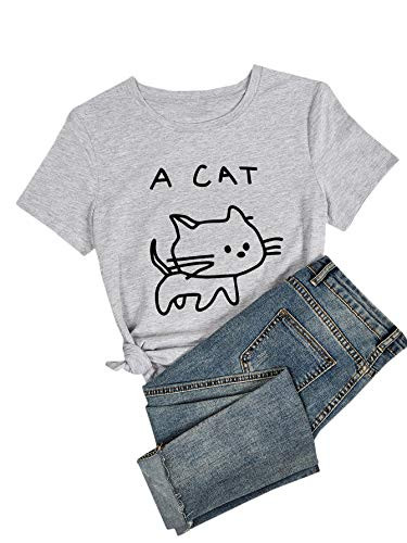 Romwe Women's Cute Letter and Cat Print Short Sleeve Round Neck Graphic T Shirt Top Light Grey S