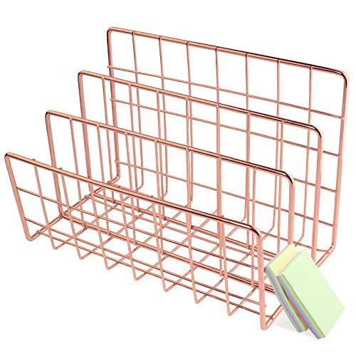 Qualsen Desktop Mail Sorter Organizer, Letter Organizer Rose Gold Metal File Holder Magazine Racks for Home Office