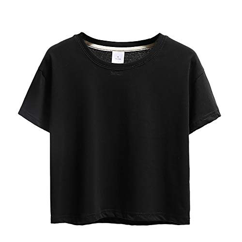 HUILAN Women's Solid Short Sleeve Round Neck Basic Crop Tee Shirt Tops Black S