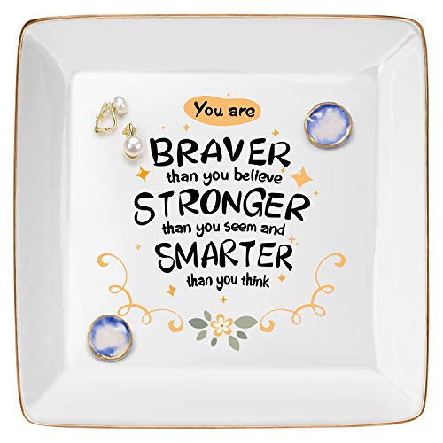 DOIOWN Ring Trinket Dish Jewelry Trays Ceramic Ring Decorative Trinket Dish Plate (You are Braver Than You Believe Stronger Than You Seem and Smarter Than You Think)