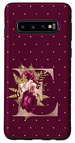Galaxy S10 Maroon floral Initial Letter E monogram blush flowers Case