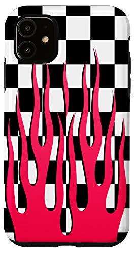 iPhone 11 Black White Checkerboard Pattern Hot Fire Pink Flame Case
