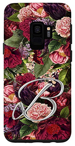 Galaxy S9 Vintage floral Maroon blush initial letter B monogram Case
