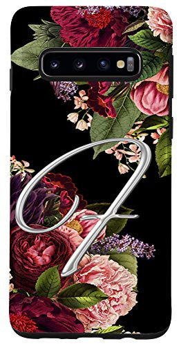 Galaxy S10 Vintage floral Maroon blush initial letter F monogram Case