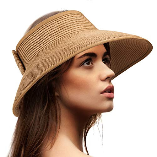 Sun Visor Hats for Women - Khaki Straw Sun Hat Wide Brim Hat Packable Straw Hat