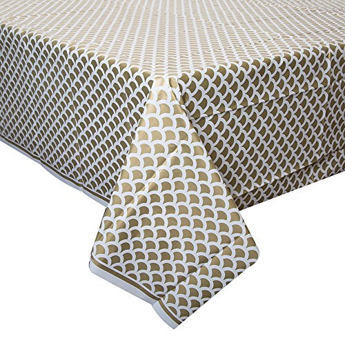 Gold & White Scallop Print Plastic Tablecloth, 108" x 54"