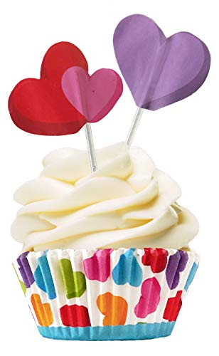 Rainbow Cupcake Baking Liners and Heart Topper Picks - Valentine's Day or Birthday Party - 24 Cups and 24 Picks