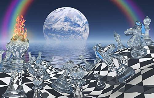 Posterazzi PSTRFF200146S Surreal Chess Board with Figures. Planet Rising Above Ocean Photo Print, 11 x 17, Multi
