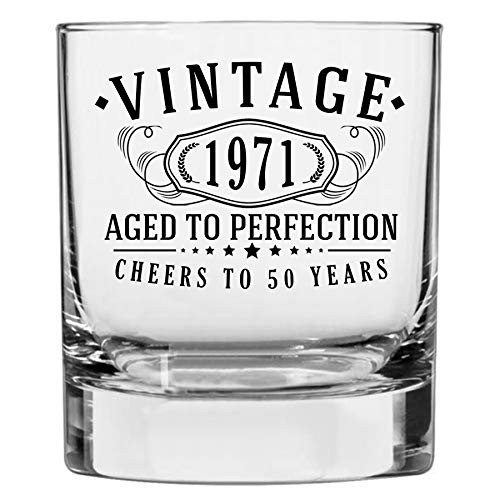 Vintage 1971 Printed 10.25oz Whiskey Glass, 50th Birthday Aged to Perfection, 50 years old gifts