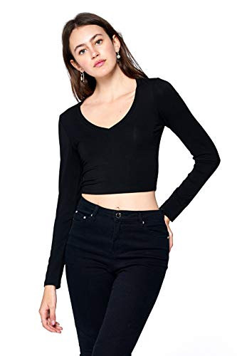 Khanomak Women's Basic Long Sleeves V Neck Fitted Crop Top T Shirt (Black, Medium)