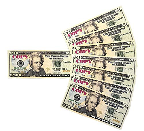 GoodOffer 20 Dollars Play Money  Realistic Prop Money 100 pcs.  Total of $2,000 Copy Money with Two Sides for Pranks, Games, Monopoly  Educational Play Money for Kids  Prop Twenty Dollar Bills