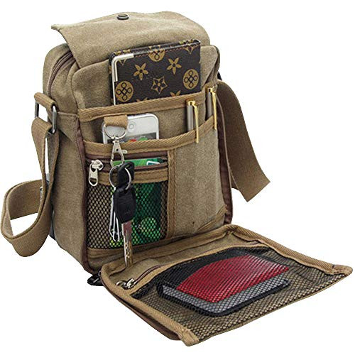 Men's Canvas Small Messenger Bag Casual Shoulder Bag Chest Bag Travel Carry Bag,Multi-pocket Purse Handbag Crossbody Bags,Vintage Lightweight Travel Small Satchel Bag,Khaki