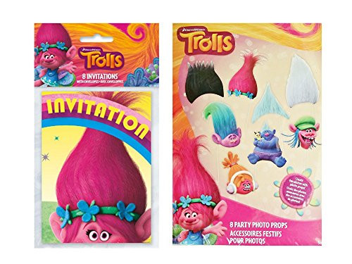 Unique Industries Trolls Party Invitations 8ct. and Trolls Photo Booth Props, 8ct