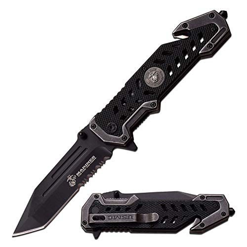 USMC Marine Tactical Folding Pocket Knife G10 Handle Sharp Tanto Blade Spring Assisted Military Knives EGA Elite Survival Semper Fi (Black)