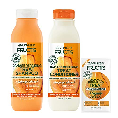 Garnier Haircare Fructis Damage Repairing Treat Shampoo and Conditioner, 98 Percent Naturally Derived Ingredients, Papaya, Nourish Dry Hair, 11.8 Oz Ea, W/Mask Sample, (Packaging May Vary) Garnier Haircare Fructis Damage Repairing Treat Shampoo and Conditioner, 98 Percent Naturally Derived Ingredients, Papaya, Nourish Dry Hair, 11.8 Oz Ea, W/Mask Sample, (Packaging May Vary)